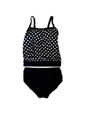 Lands End Swimsuit 6 D Black & White Polka Dot Blouson Tankini Top/Bottoms